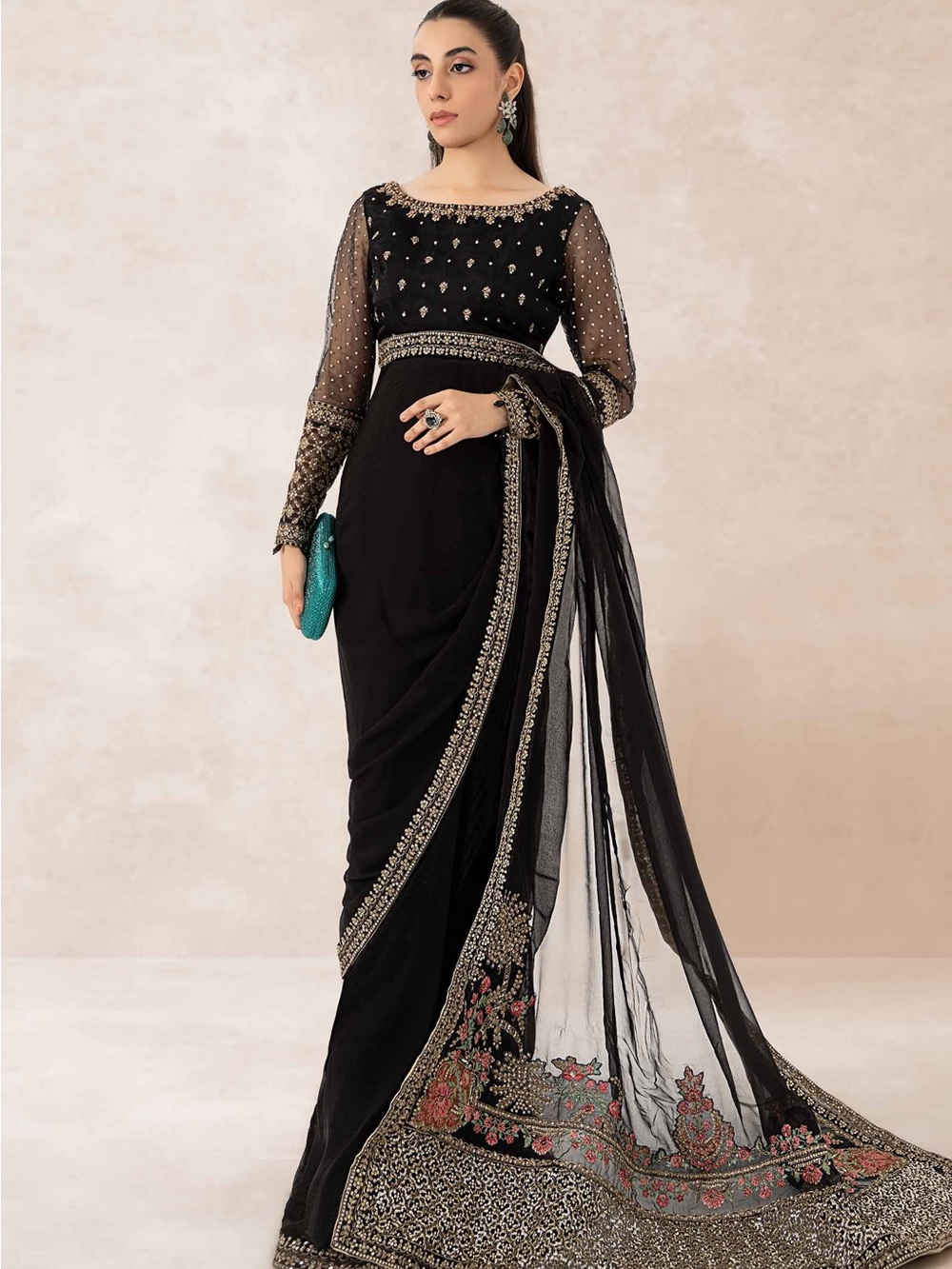 Maria B Black Embroidered Organza Saree